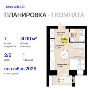 1-к квартира, строящийся дом, 30м2, 2/9 этаж