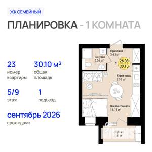 1-к квартира, строящийся дом, 30м2, 5/9 этаж