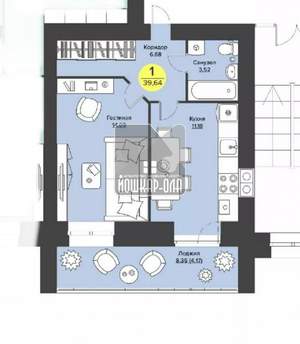 1-к квартира, вторичка, 40м2, 2/9 этаж