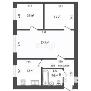 2-к квартира, вторичка, 43м2, 3/3 этаж