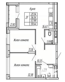 2-к квартира, строящийся дом, 58м2, 6/16 этаж
