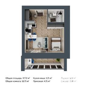 1-к квартира, строящийся дом, 38м2, 7/9 этаж