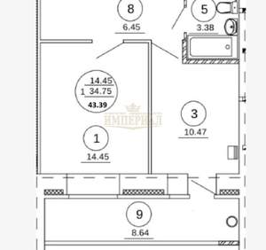1-к квартира, вторичка, 43м2, 2/9 этаж