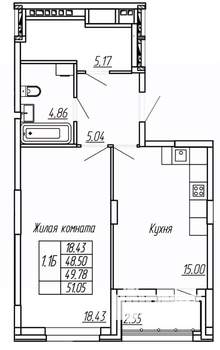 1-к квартира, строящийся дом, 50м2, 2/16 этаж