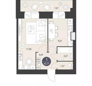 1-к квартира, сданный дом, 42м2, 7/10 этаж