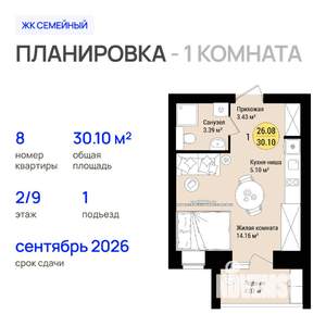 1-к квартира, строящийся дом, 30м2, 2/9 этаж