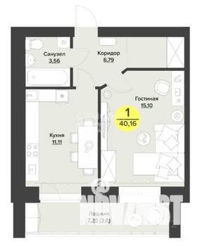 1-к квартира, вторичка, 40м2, 4/9 этаж