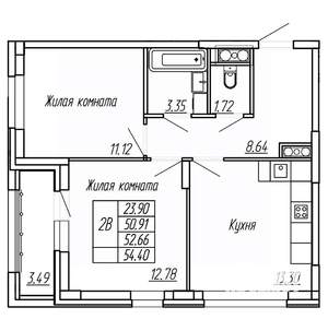 2-к квартира, строящийся дом, 53м2, 7/16 этаж