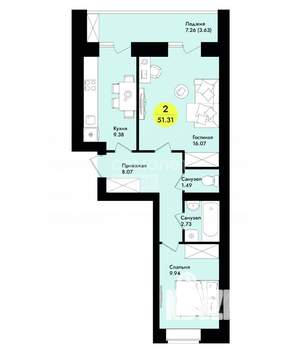 2-к квартира, вторичка, 51м2, 3/9 этаж