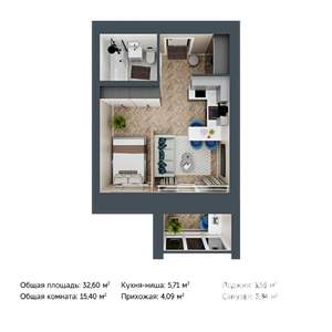 1-к квартира, строящийся дом, 33м2, 8/9 этаж