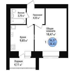 1-к квартира, вторичка, 39м2, 2/9 этаж