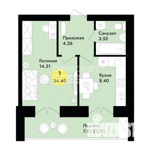 1-к квартира, вторичка, 34м2, 8/9 этаж