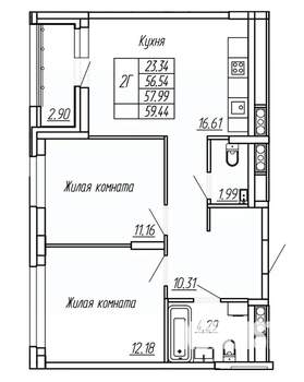 2-к квартира, строящийся дом, 58м2, 12/16 этаж