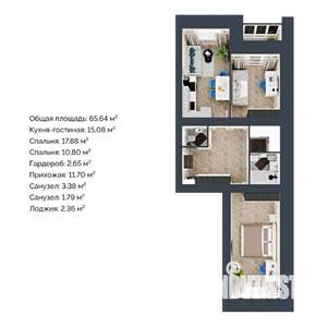 2-к квартира, строящийся дом, 66м2, 6/12 этаж