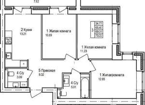 3-к квартира, вторичка, 73м2, 3/9 этаж