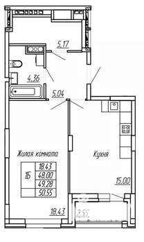 1-к квартира, строящийся дом, 49м2, 13/16 этаж