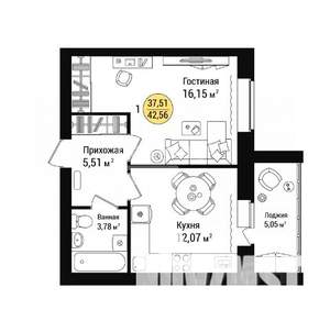 1-к квартира, вторичка, 43м2, 4/8 этаж