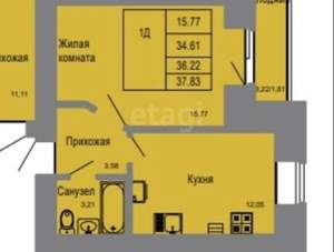 1-к квартира, вторичка, 38м2, 5/9 этаж