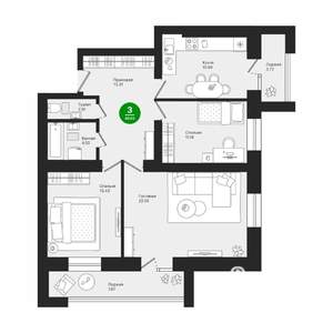 3-к квартира, строящийся дом, 89м2, 2/10 этаж