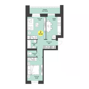 2-к квартира, строящийся дом, 60м2, 2/9 этаж