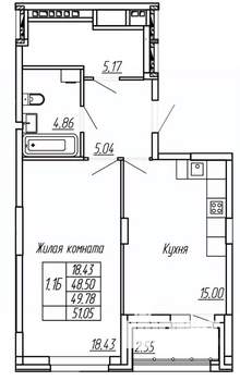 1-к квартира, вторичка, 50м2, 2/16 этаж